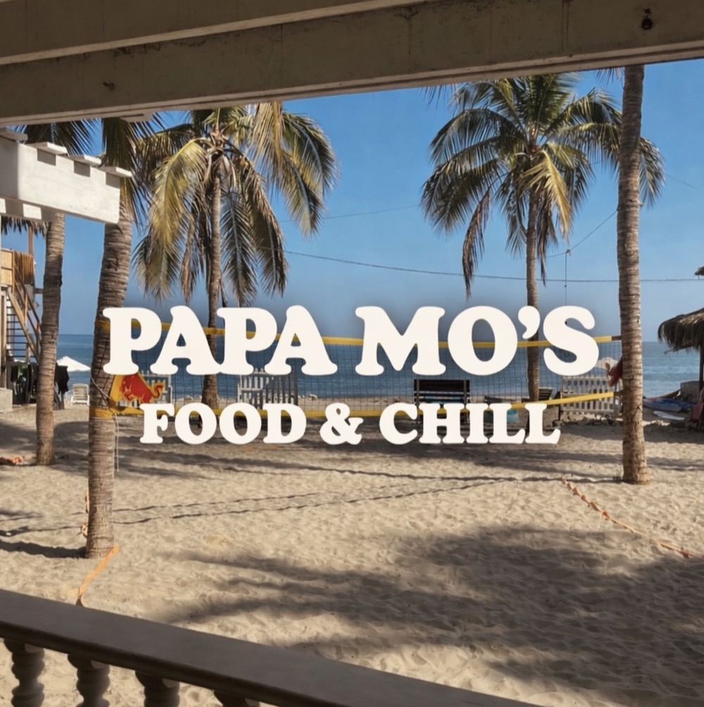 The beach volleyball court and palms seen from Papa Mo's in Mancora